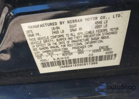 2005 Nissan Maxima 3.5 Sl из США, поврежденный, VIN 1N4BA41E55C817399